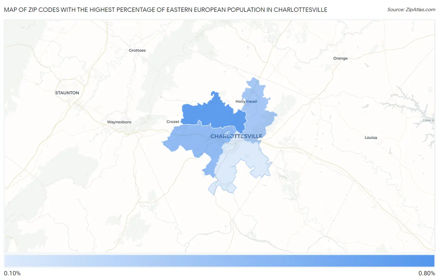 Zip Codes with the Highest Percentage of Eastern European Population in Charlottesville Map