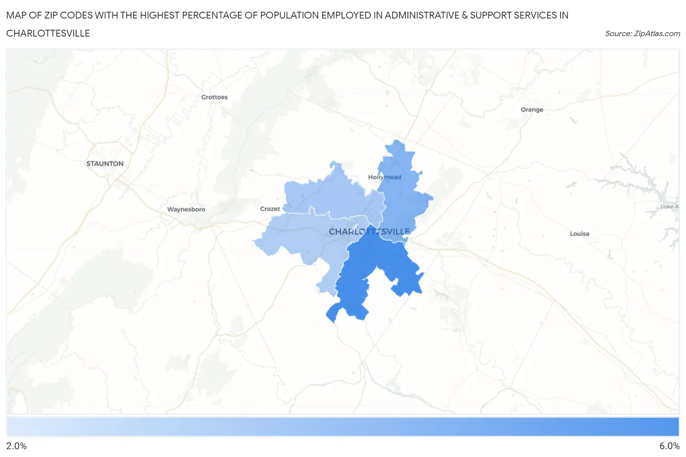 Zip Codes with the Highest Percentage of Population Employed in Administrative & Support Services in Charlottesville Map