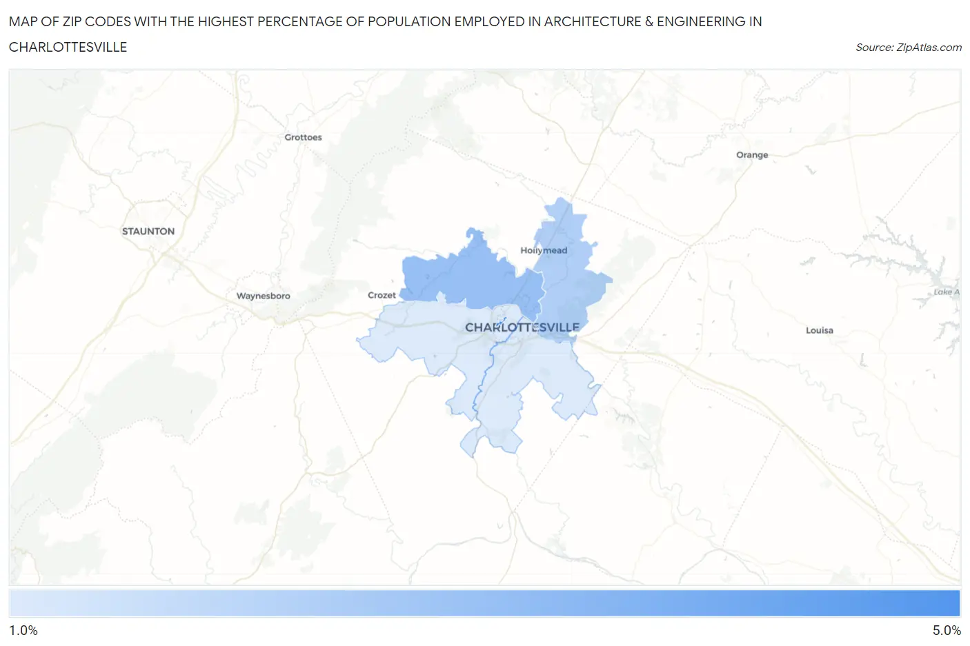 Zip Codes with the Highest Percentage of Population Employed in Architecture & Engineering in Charlottesville Map
