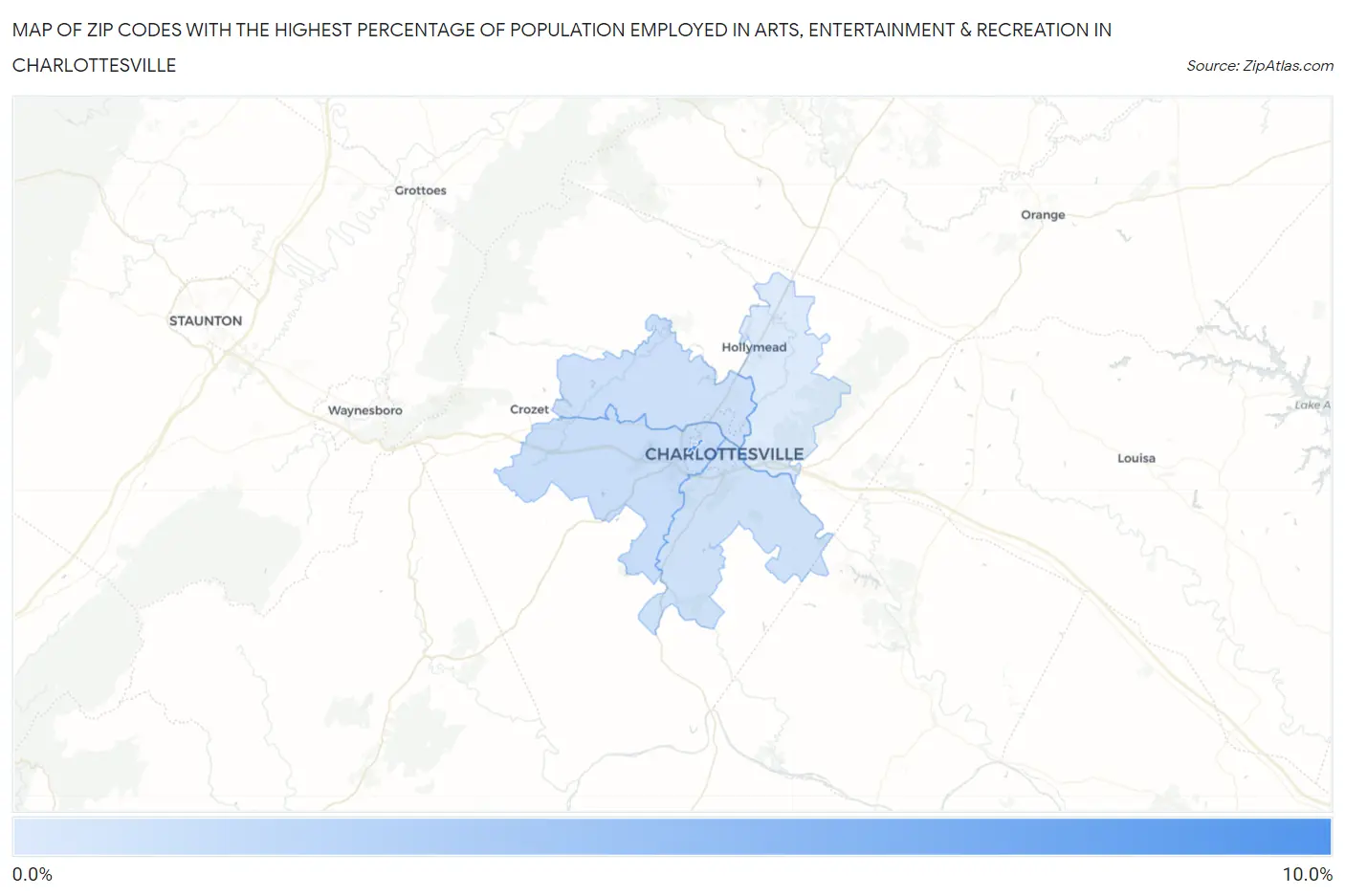 Zip Codes with the Highest Percentage of Population Employed in Arts, Entertainment & Recreation in Charlottesville Map