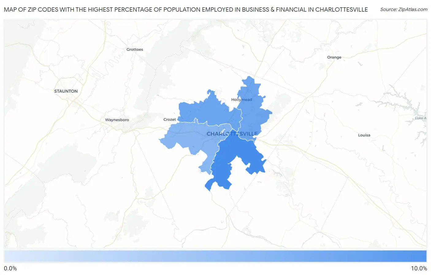 Zip Codes with the Highest Percentage of Population Employed in Business & Financial in Charlottesville Map