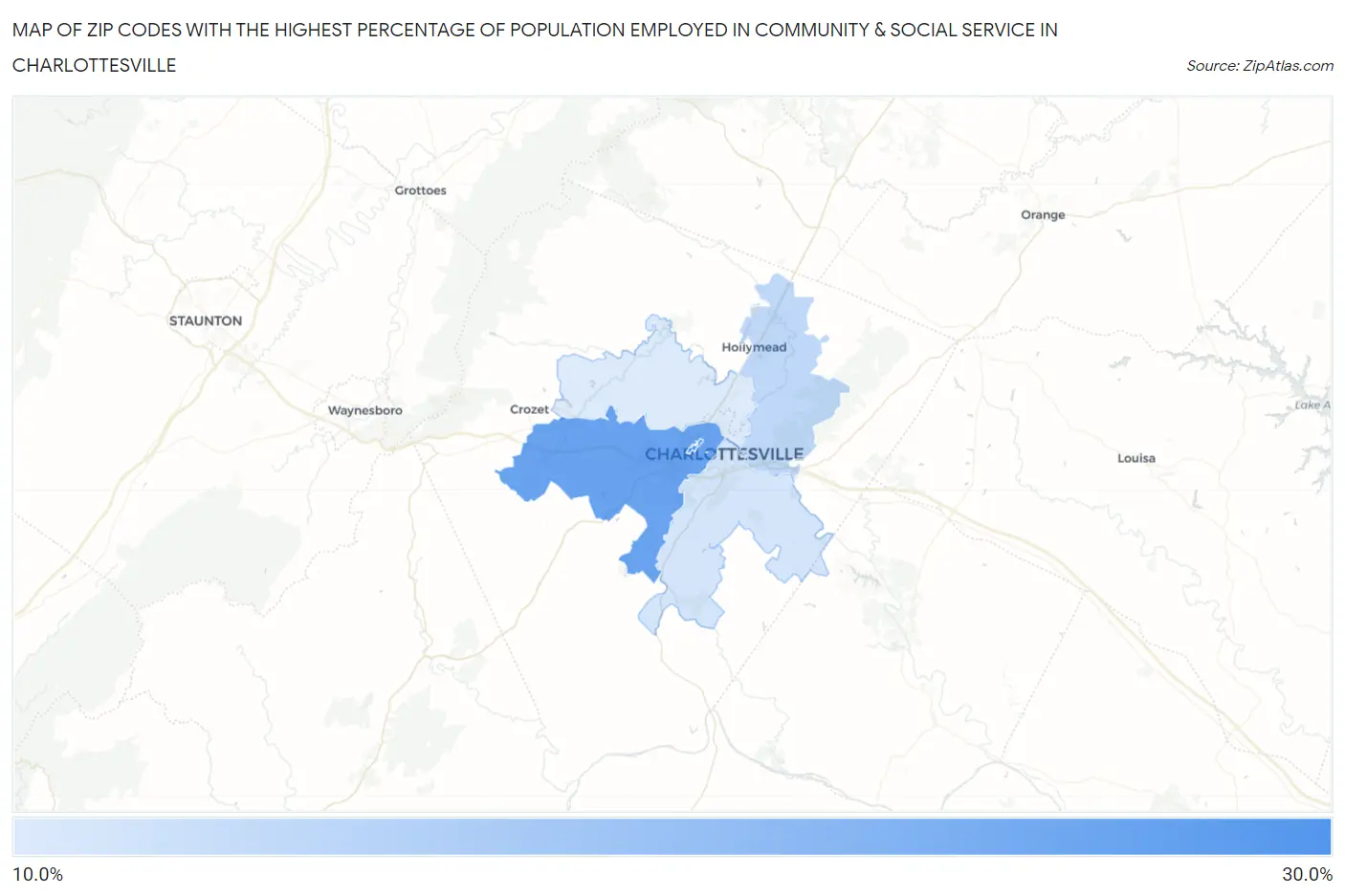 Zip Codes with the Highest Percentage of Population Employed in Community & Social Service  in Charlottesville Map