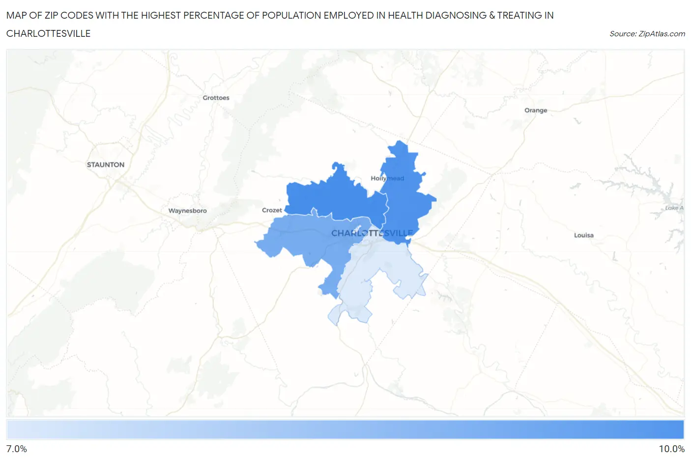 Zip Codes with the Highest Percentage of Population Employed in Health Diagnosing & Treating in Charlottesville Map