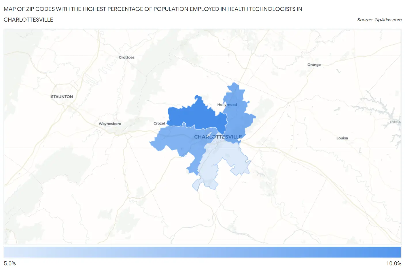 Zip Codes with the Highest Percentage of Population Employed in Health Technologists in Charlottesville Map