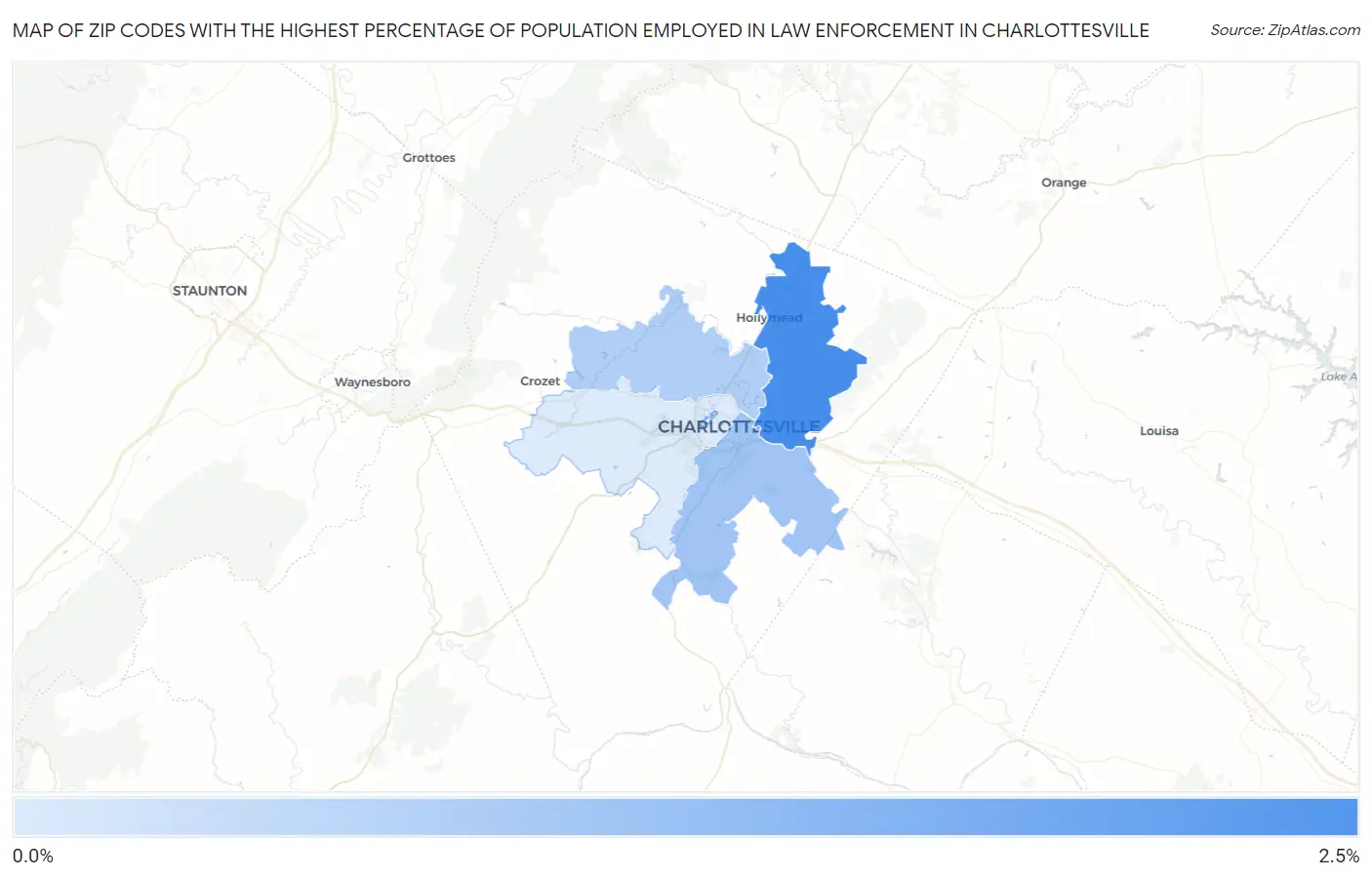 Zip Codes with the Highest Percentage of Population Employed in Law Enforcement in Charlottesville Map