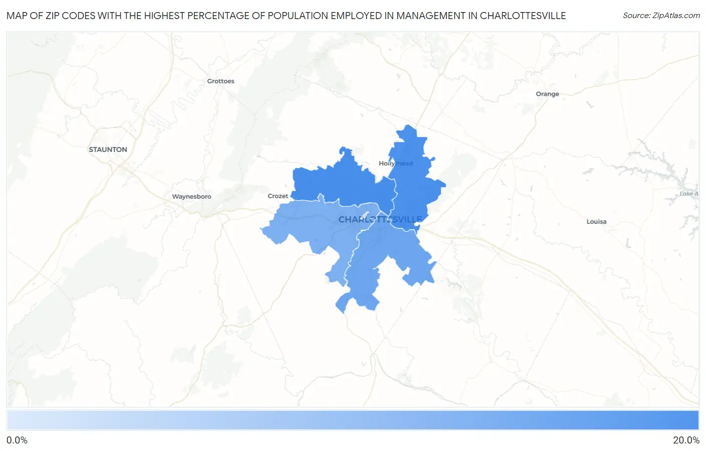 Zip Codes with the Highest Percentage of Population Employed in Management in Charlottesville Map