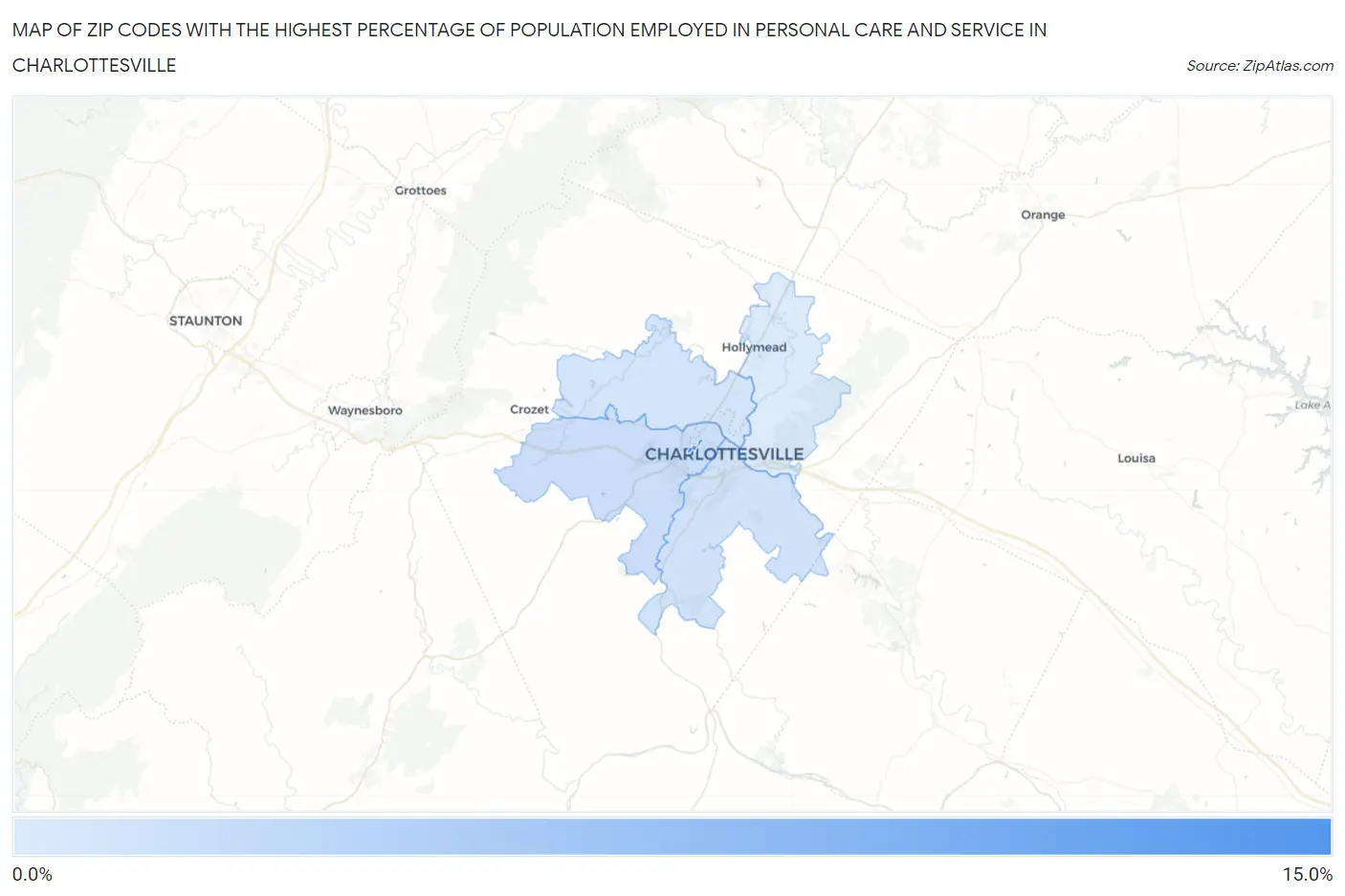 Zip Codes with the Highest Percentage of Population Employed in Personal Care and Service in Charlottesville Map