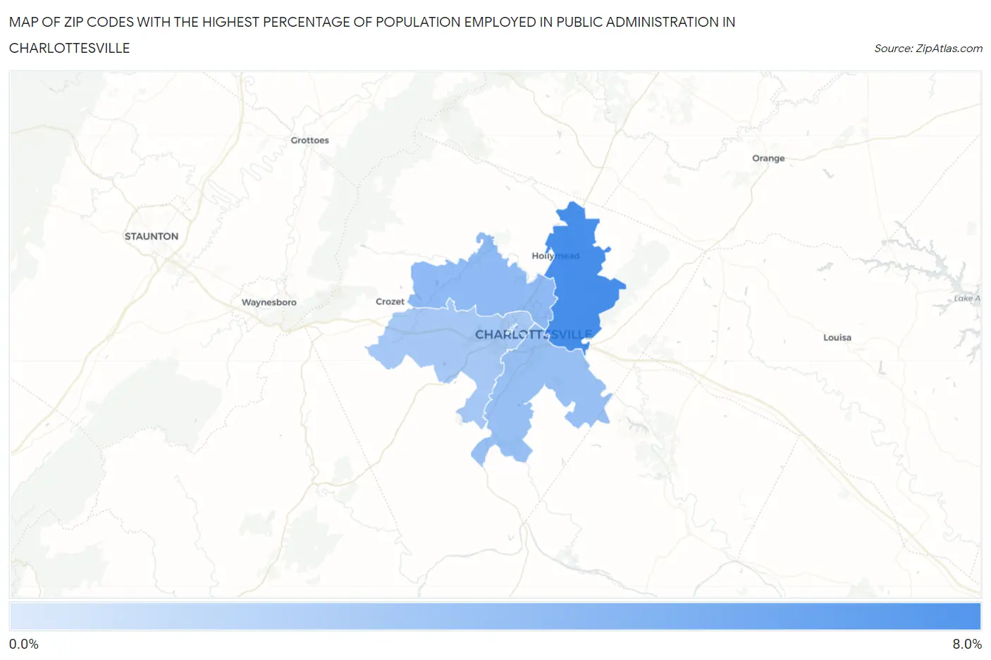 Zip Codes with the Highest Percentage of Population Employed in Public Administration in Charlottesville Map