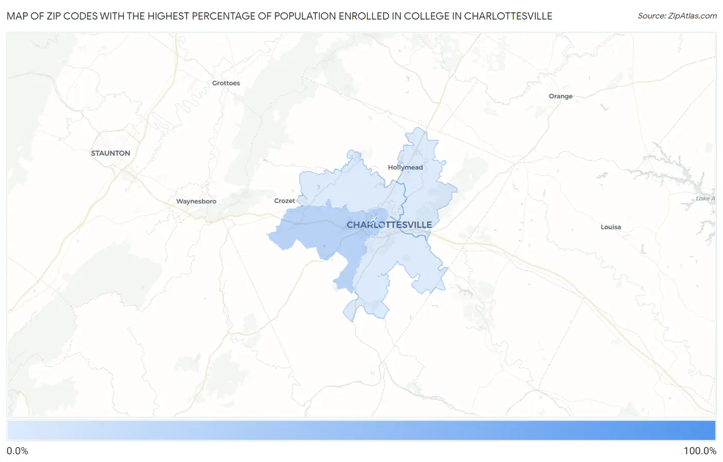 Zip Codes with the Highest Percentage of Population Enrolled in College in Charlottesville Map