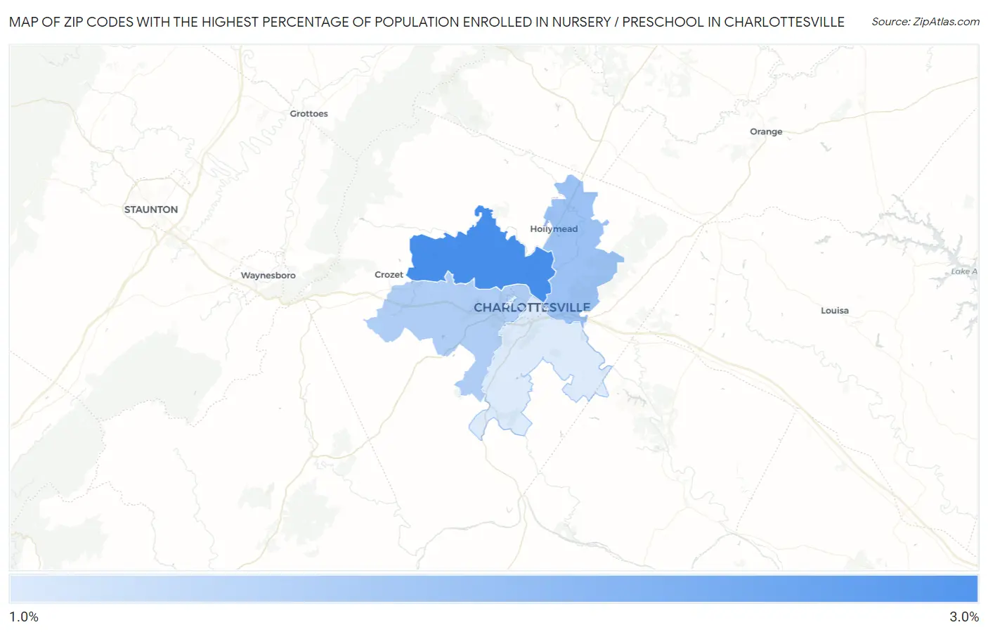 Zip Codes with the Highest Percentage of Population Enrolled in Nursery / Preschool in Charlottesville Map