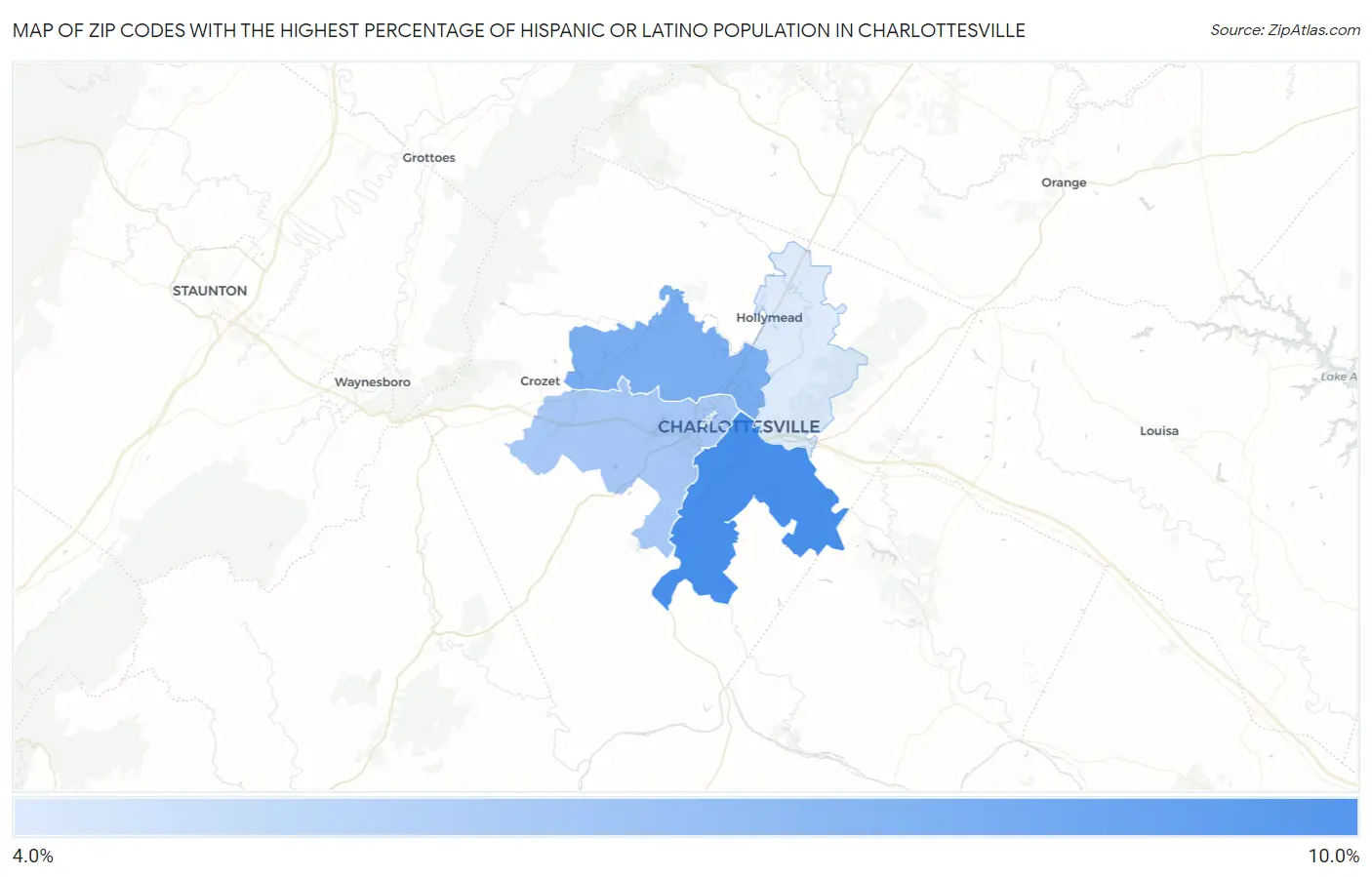 Zip Codes with the Highest Percentage of Hispanic or Latino Population in Charlottesville Map