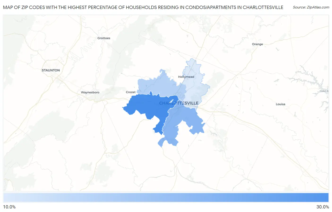 Zip Codes with the Highest Percentage of Households Residing in Condos/Apartments in Charlottesville Map