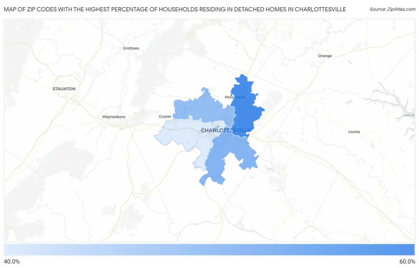 Zip Codes with the Highest Percentage of Households Residing in Detached Homes in Charlottesville Map