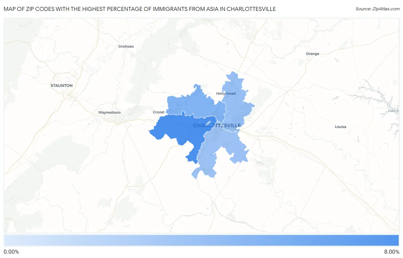 Zip Codes with the Highest Percentage of Immigrants from Asia in Charlottesville Map