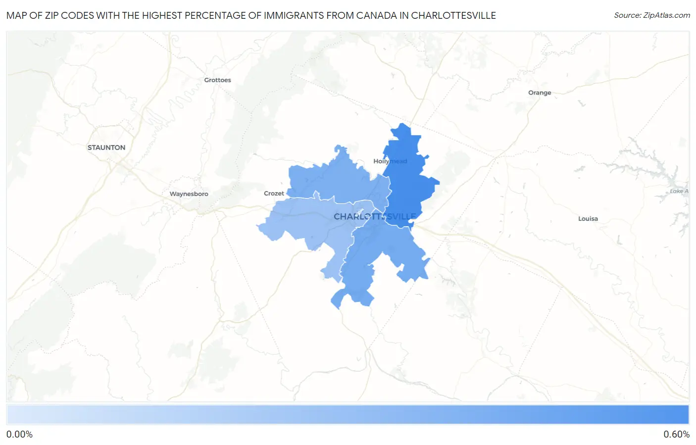 Zip Codes with the Highest Percentage of Immigrants from Canada in Charlottesville Map