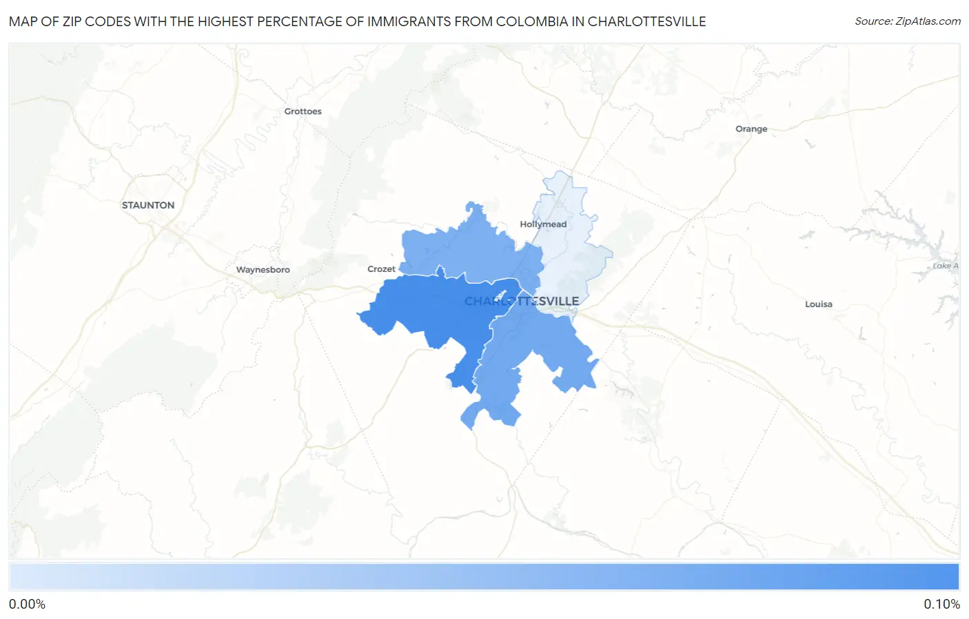 Zip Codes with the Highest Percentage of Immigrants from Colombia in Charlottesville Map