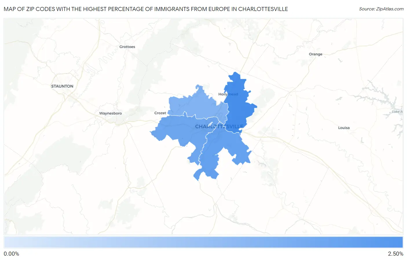 Zip Codes with the Highest Percentage of Immigrants from Europe in Charlottesville Map
