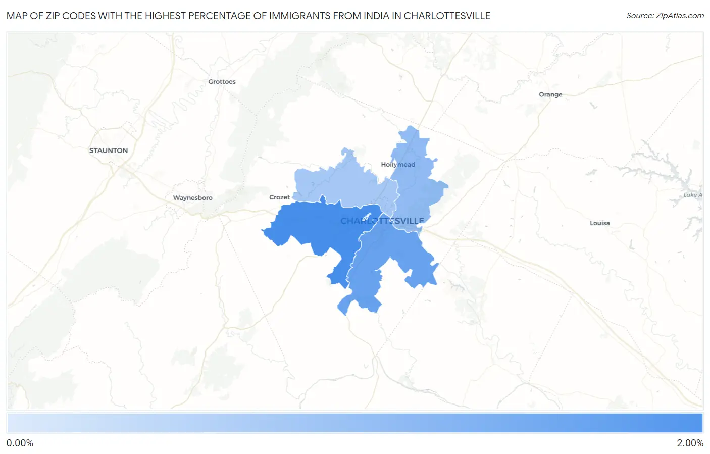 Zip Codes with the Highest Percentage of Immigrants from India in Charlottesville Map