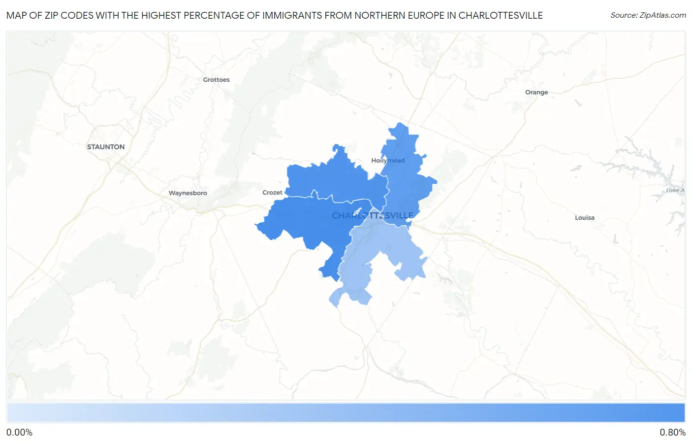 Zip Codes with the Highest Percentage of Immigrants from Northern Europe in Charlottesville Map