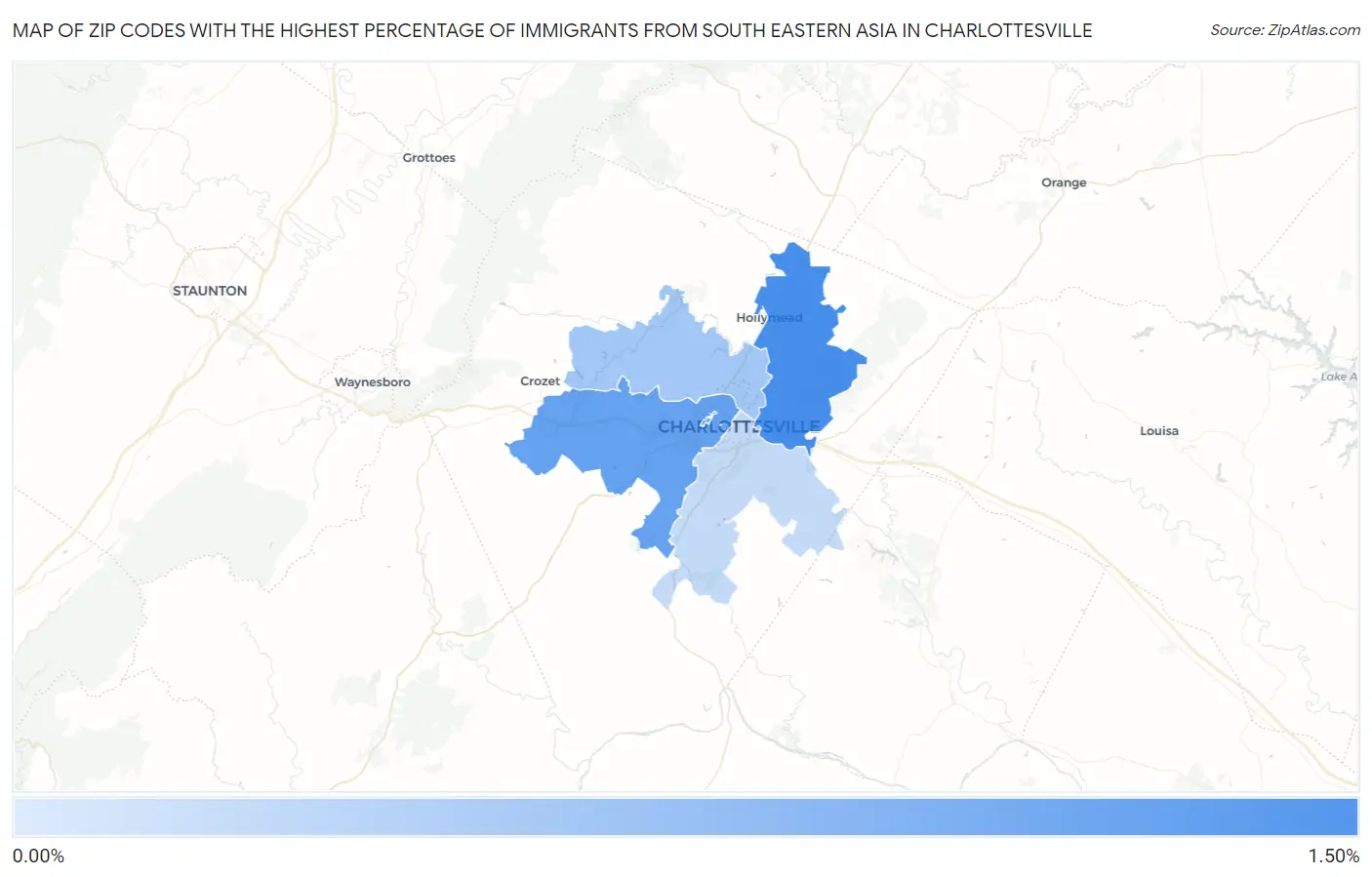 Zip Codes with the Highest Percentage of Immigrants from South Eastern Asia in Charlottesville Map