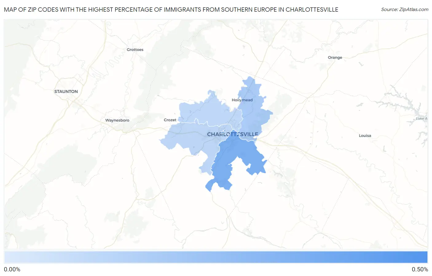 Zip Codes with the Highest Percentage of Immigrants from Southern Europe in Charlottesville Map