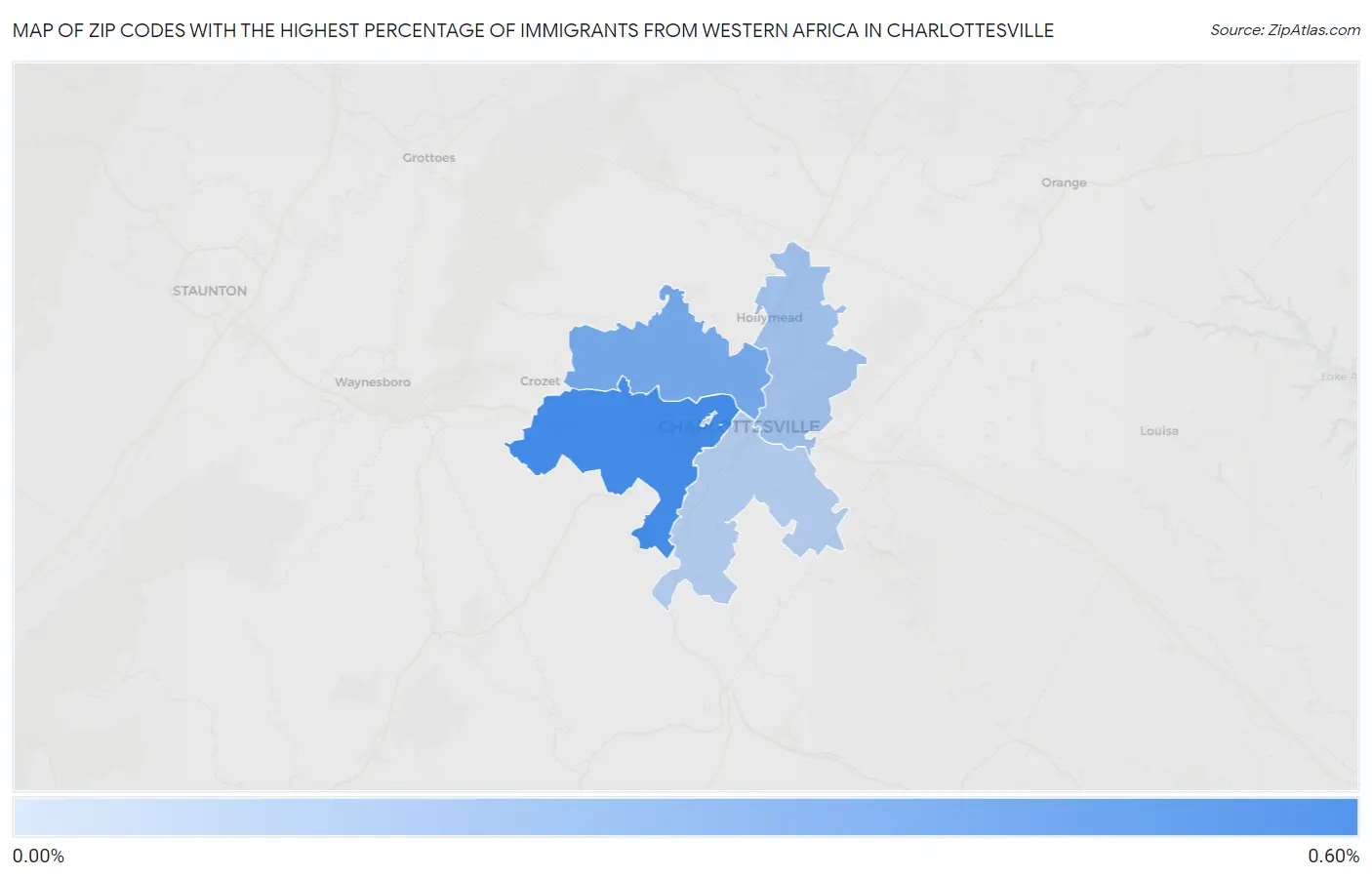 Zip Codes with the Highest Percentage of Immigrants from Western Africa in Charlottesville Map