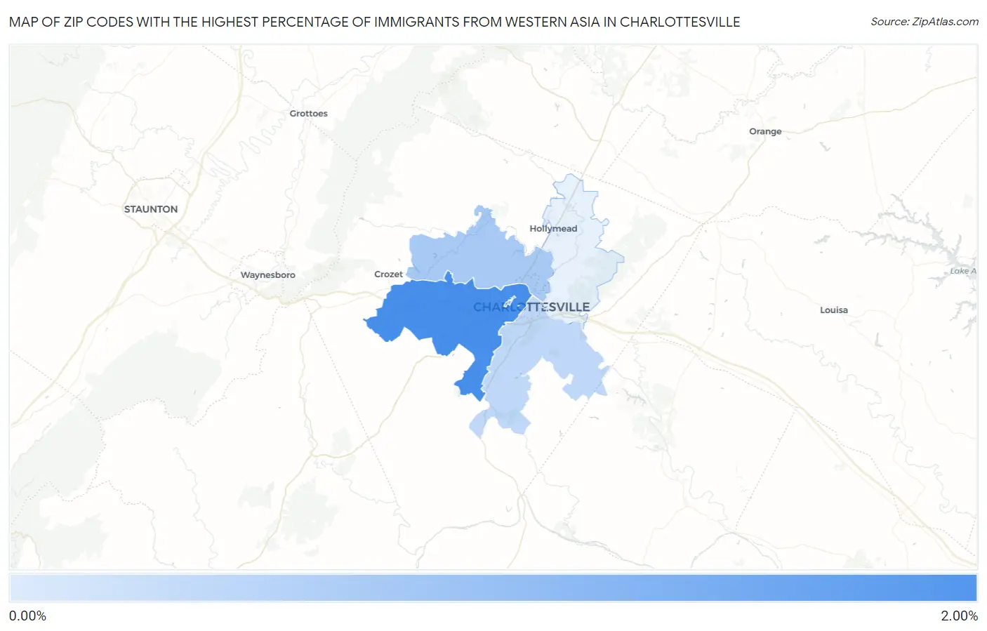 Zip Codes with the Highest Percentage of Immigrants from Western Asia in Charlottesville Map