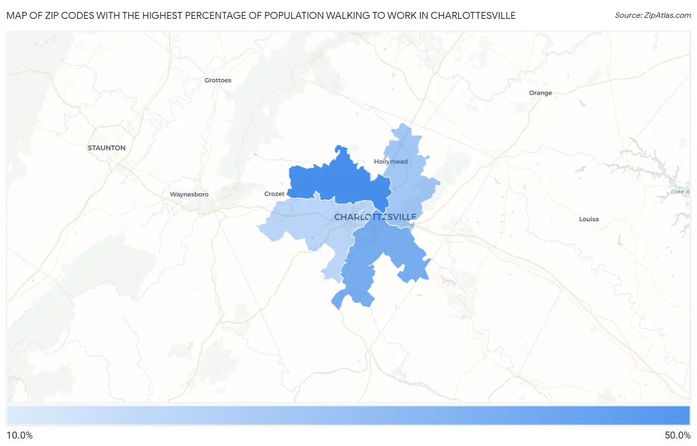 Zip Codes with the Highest Percentage of Population Walking to Work in Charlottesville Map