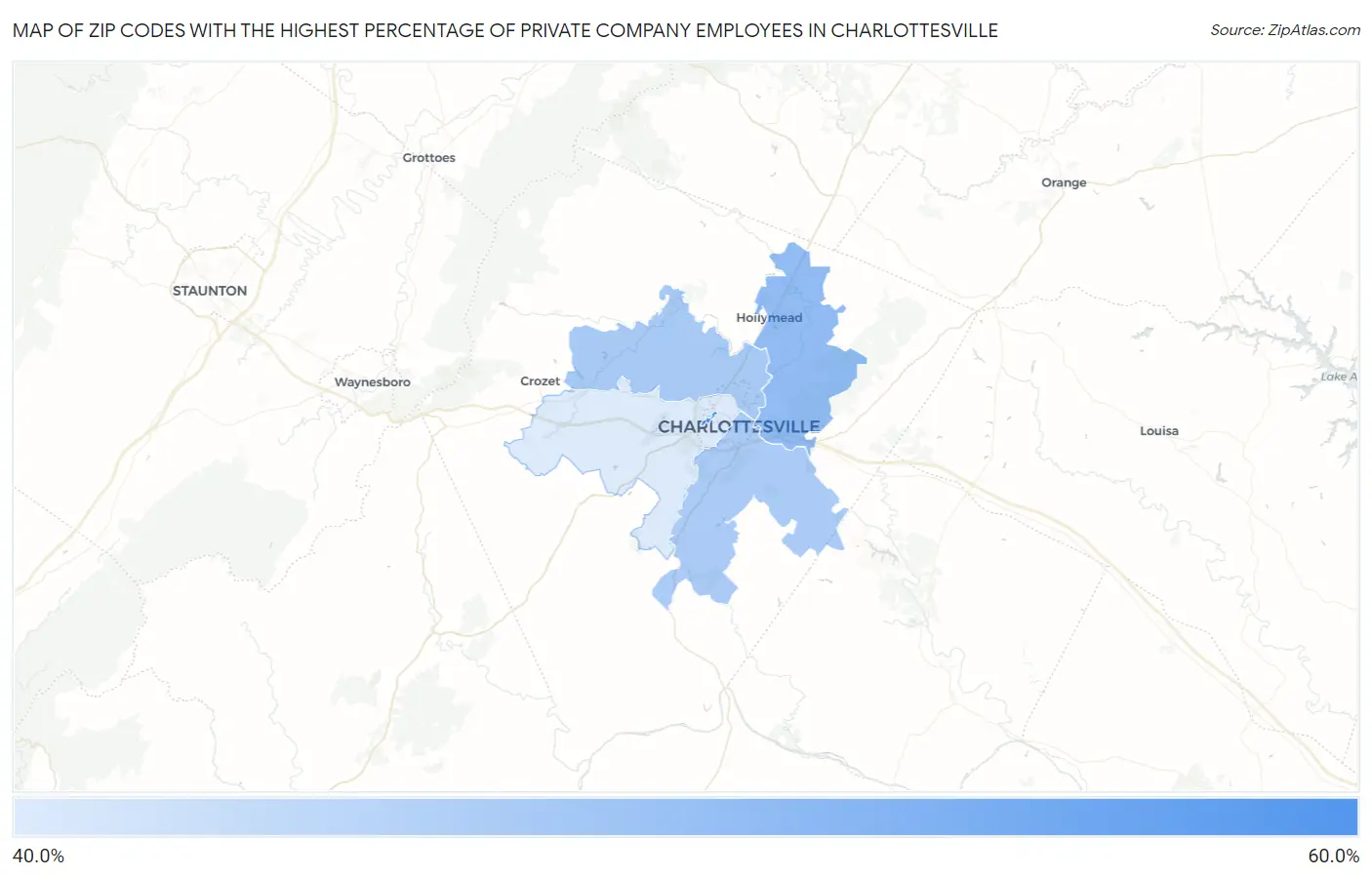 Zip Codes with the Highest Percentage of Private Company Employees in Charlottesville Map