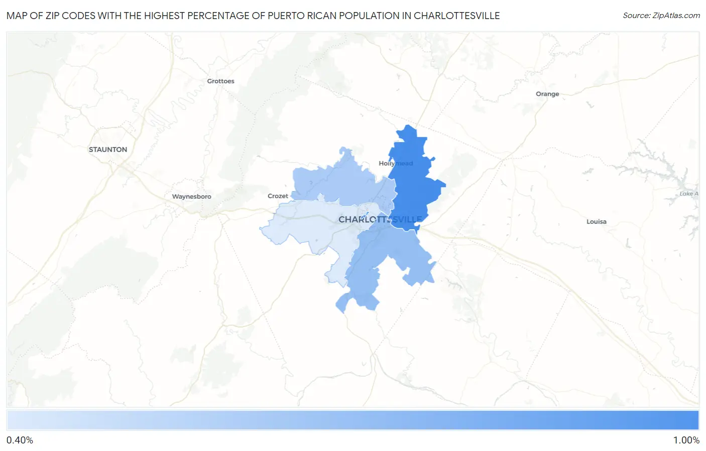 Zip Codes with the Highest Percentage of Puerto Rican Population in Charlottesville Map