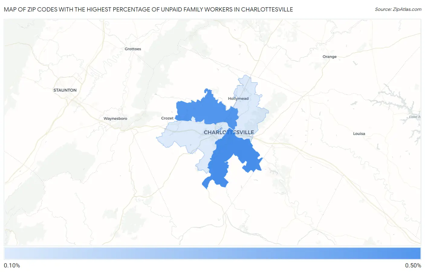 Zip Codes with the Highest Percentage of Unpaid Family Workers in Charlottesville Map