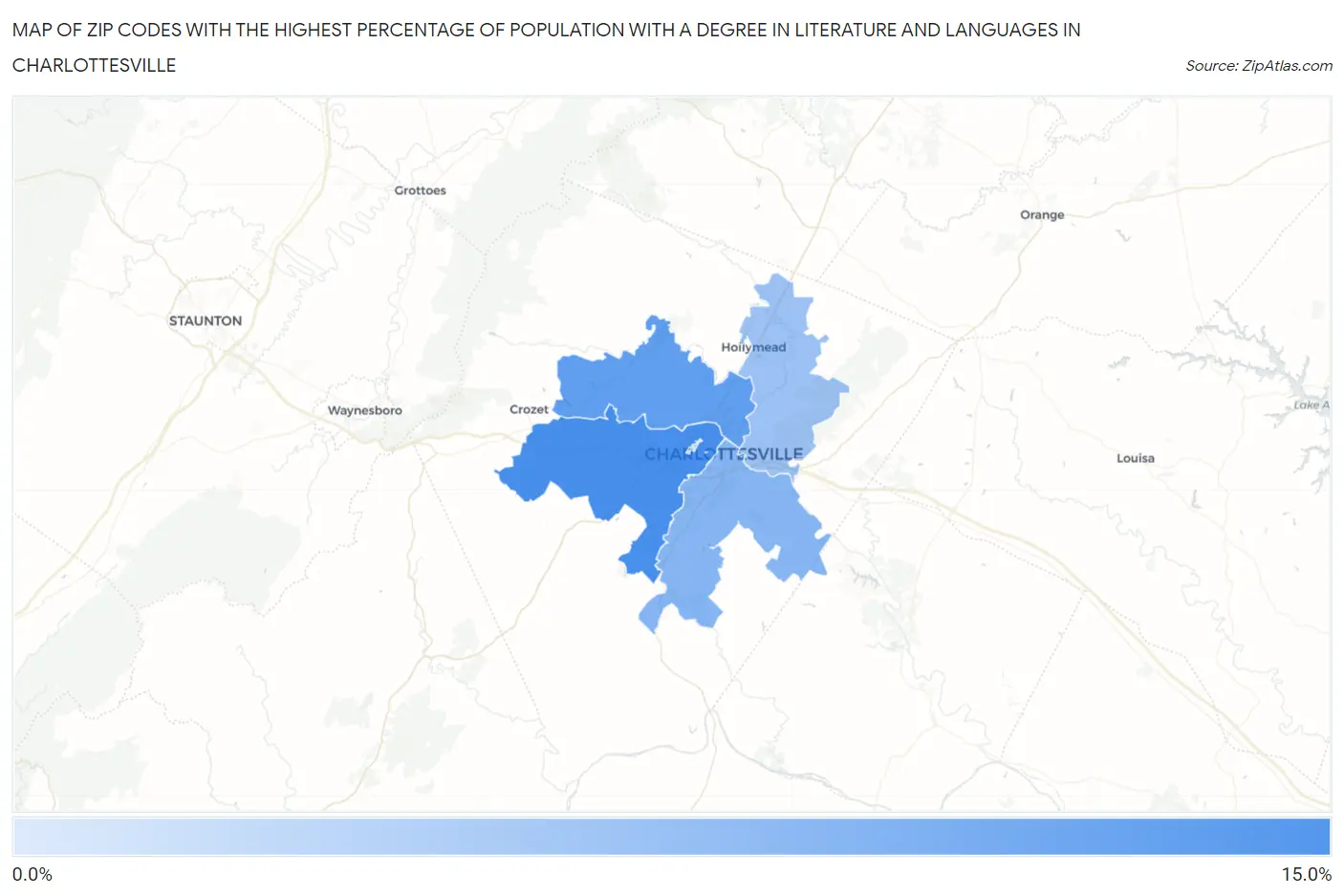 Zip Codes with the Highest Percentage of Population with a Degree in Literature and Languages in Charlottesville Map
