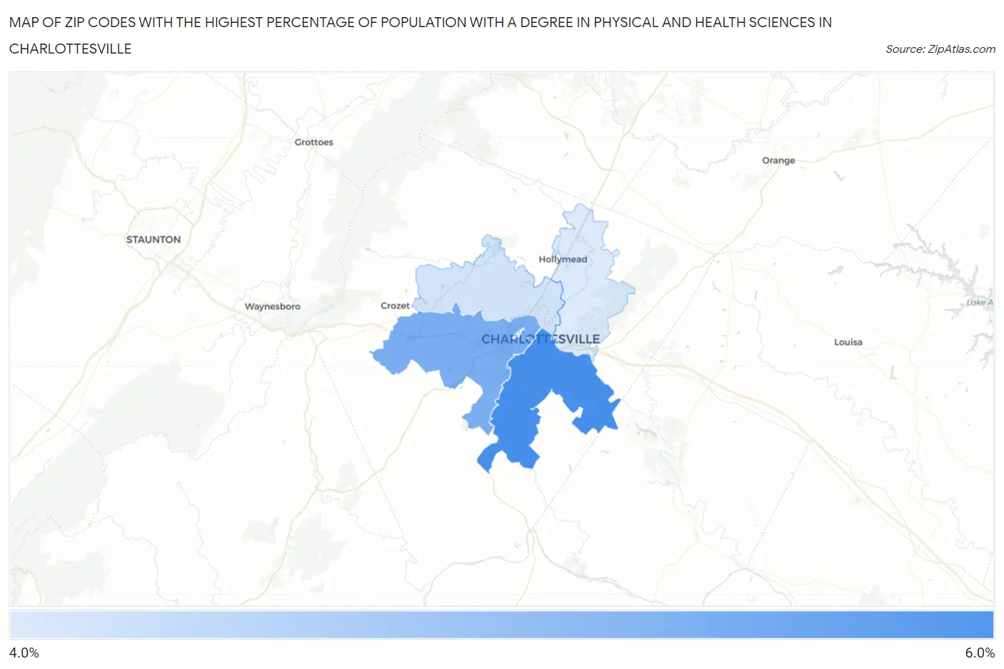 Zip Codes with the Highest Percentage of Population with a Degree in Physical and Health Sciences in Charlottesville Map