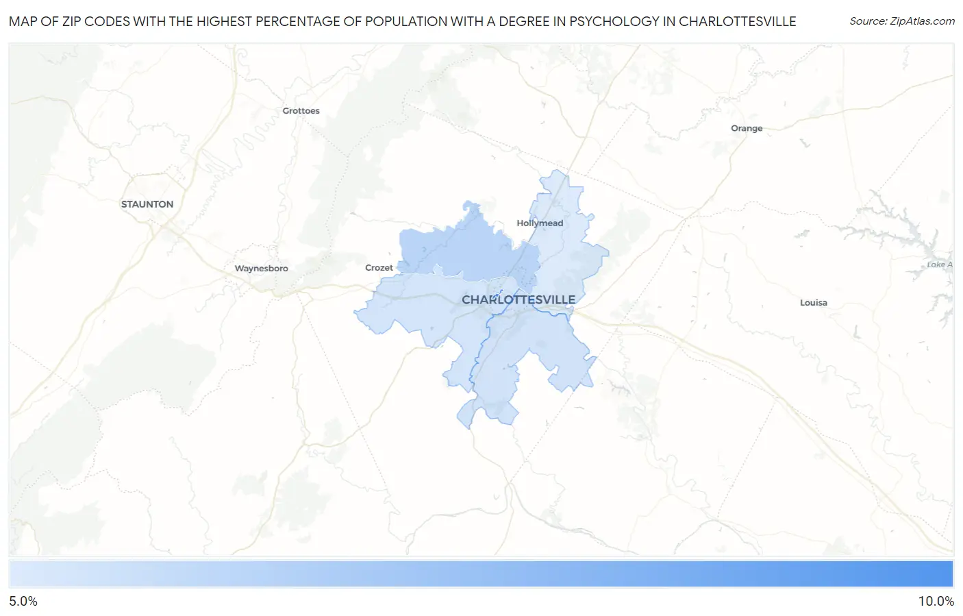 Zip Codes with the Highest Percentage of Population with a Degree in Psychology in Charlottesville Map