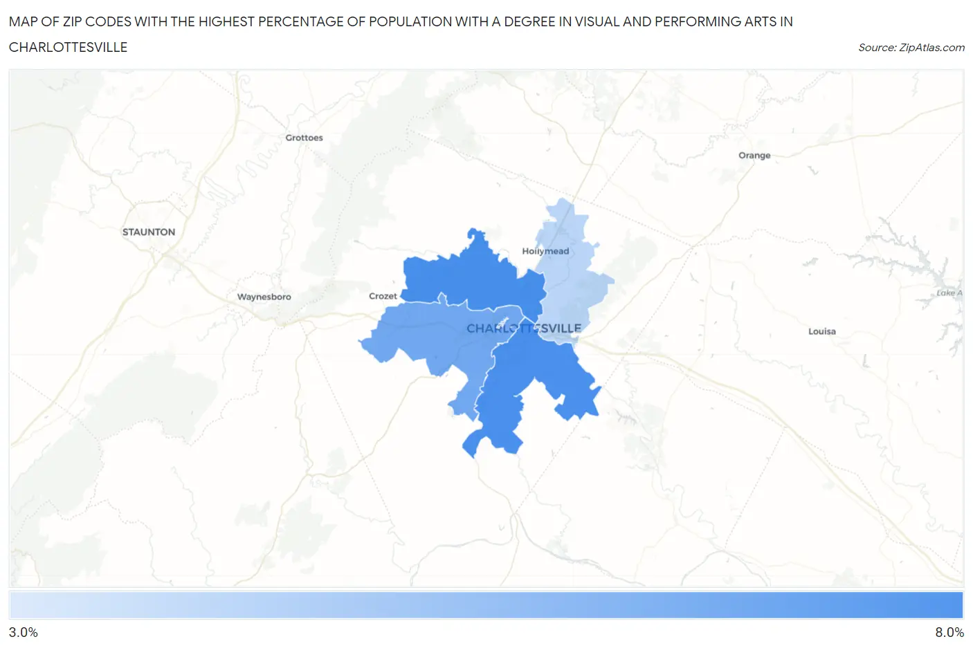 Zip Codes with the Highest Percentage of Population with a Degree in Visual and Performing Arts in Charlottesville Map