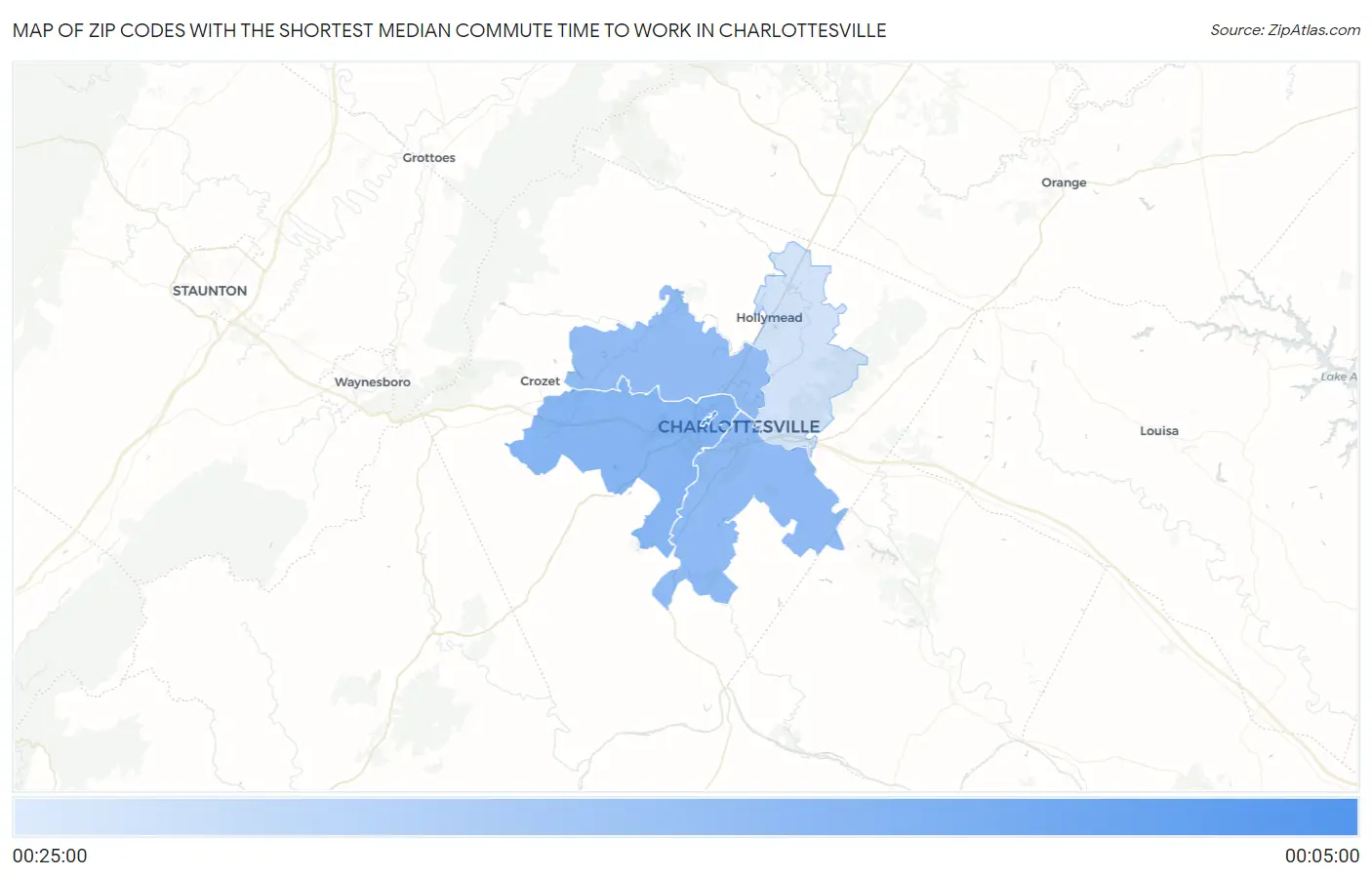 Zip Codes with the Shortest Median Commute Time to Work in Charlottesville Map