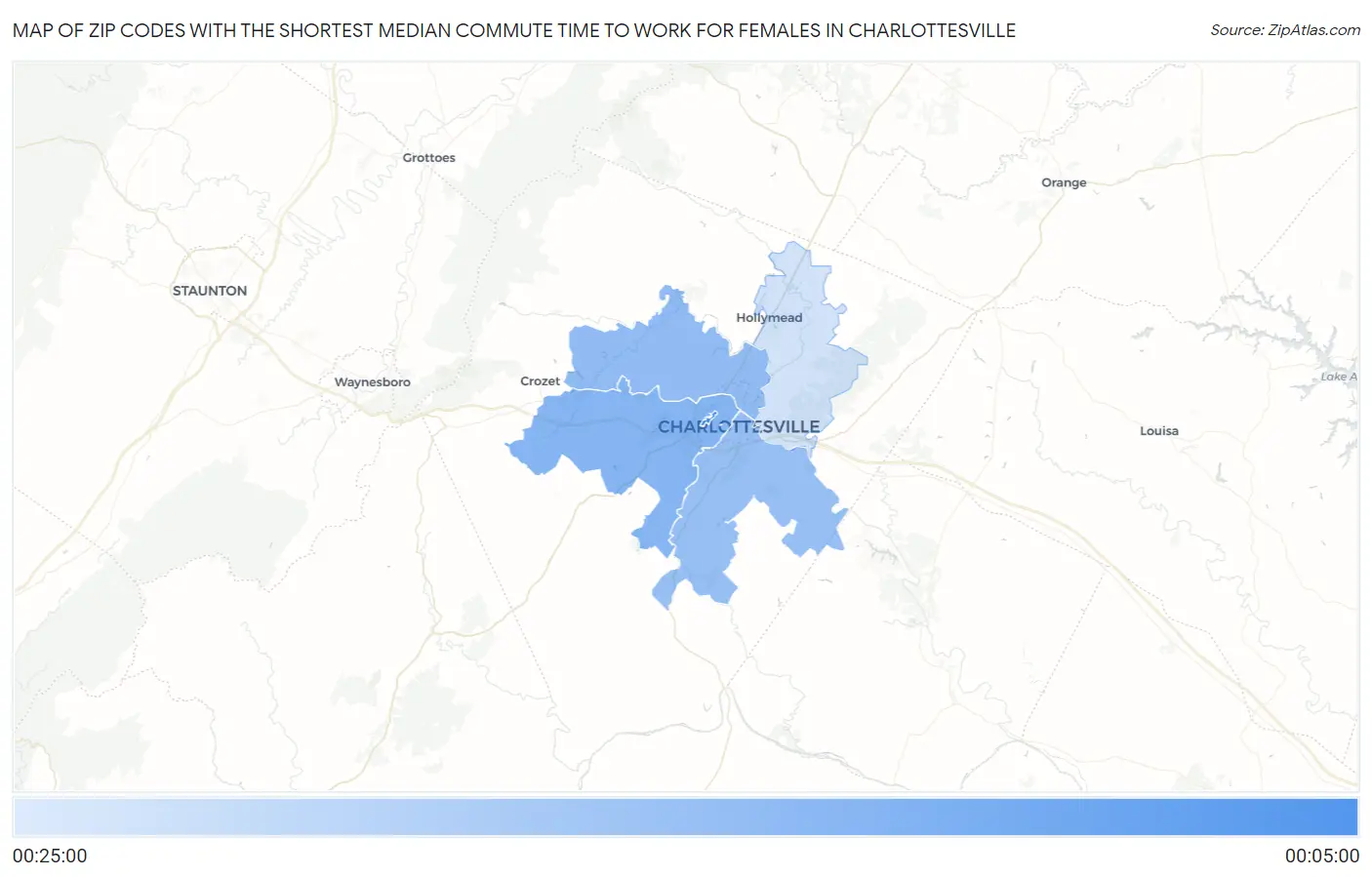Zip Codes with the Shortest Median Commute Time to Work for Females in Charlottesville Map