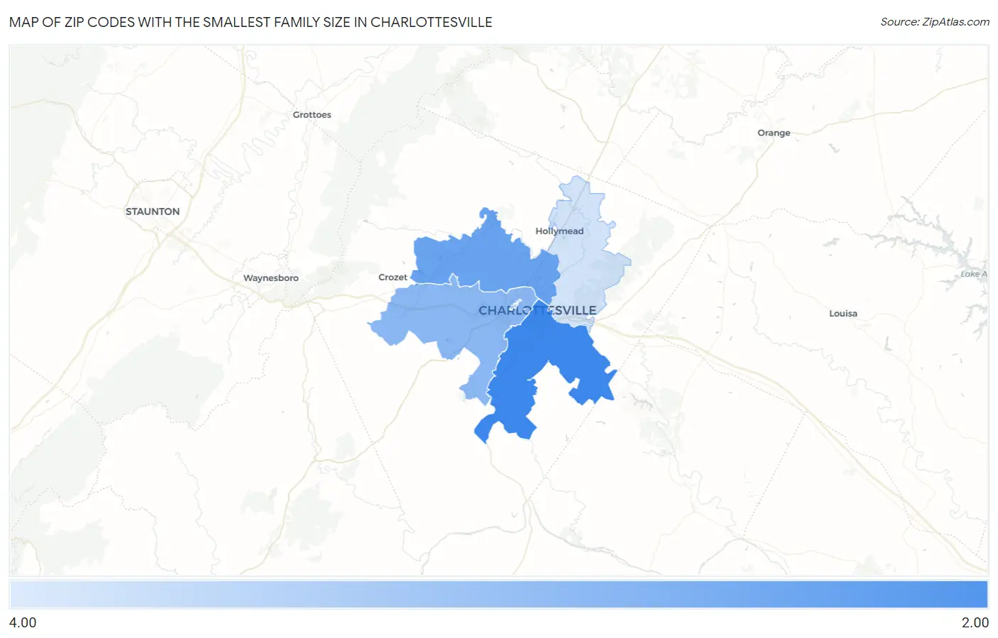 Zip Codes with the Smallest Family Size in Charlottesville Map