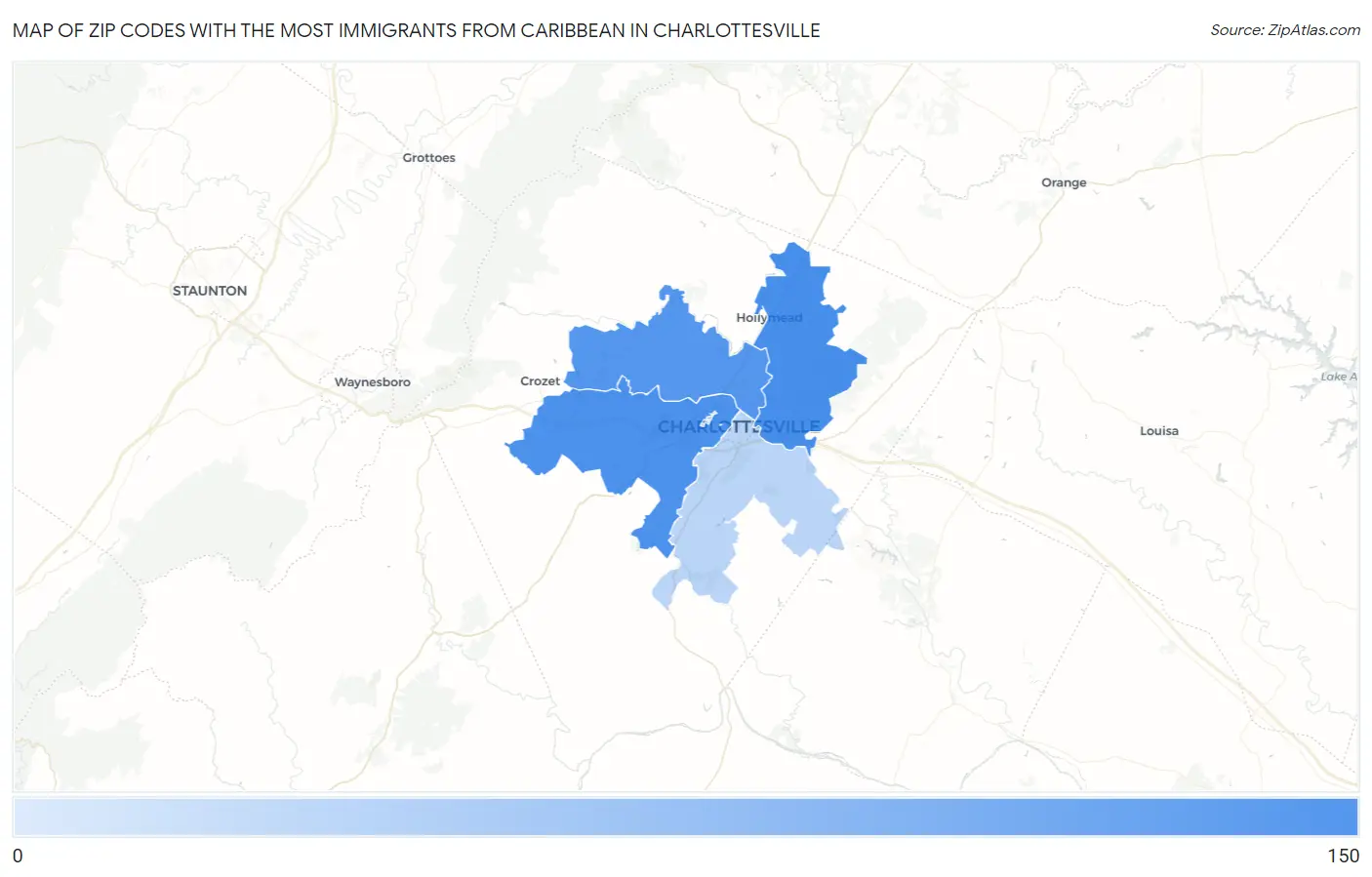 Zip Codes with the Most Immigrants from Caribbean in Charlottesville Map