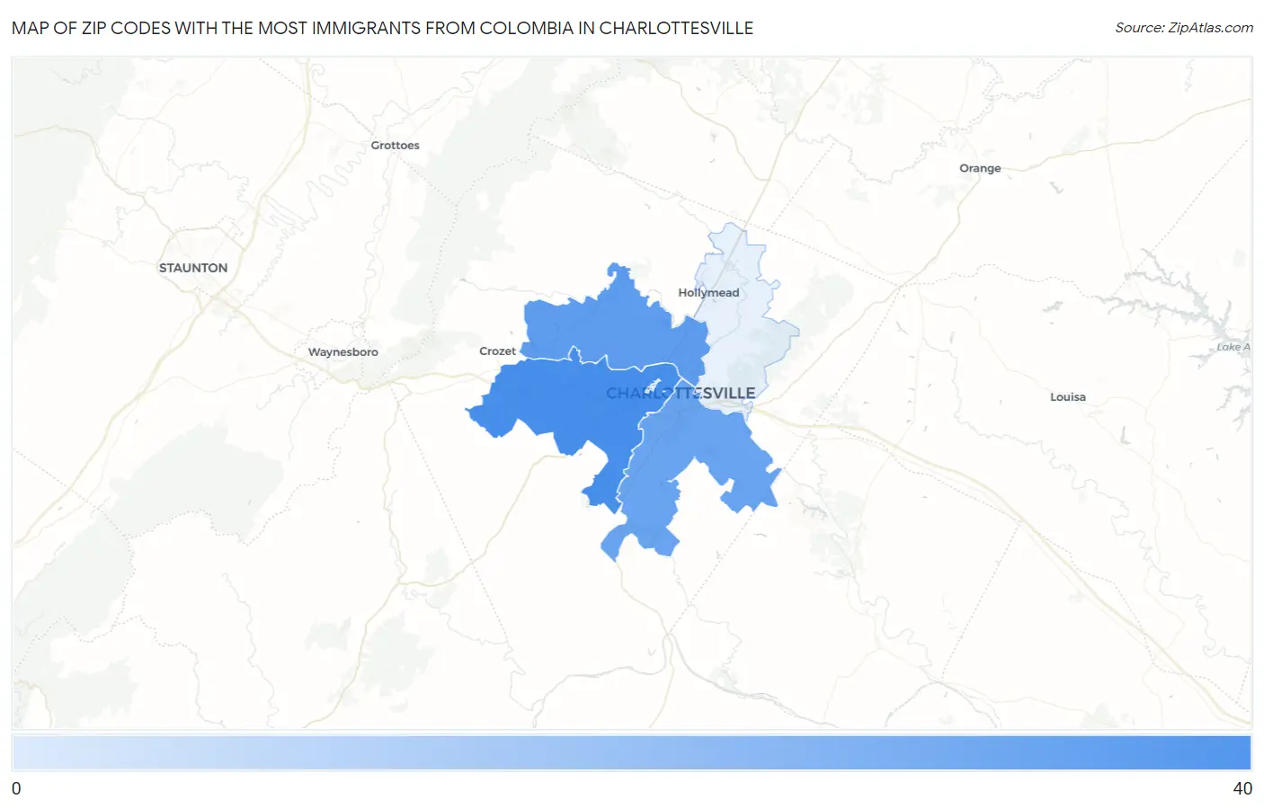 Zip Codes with the Most Immigrants from Colombia in Charlottesville Map