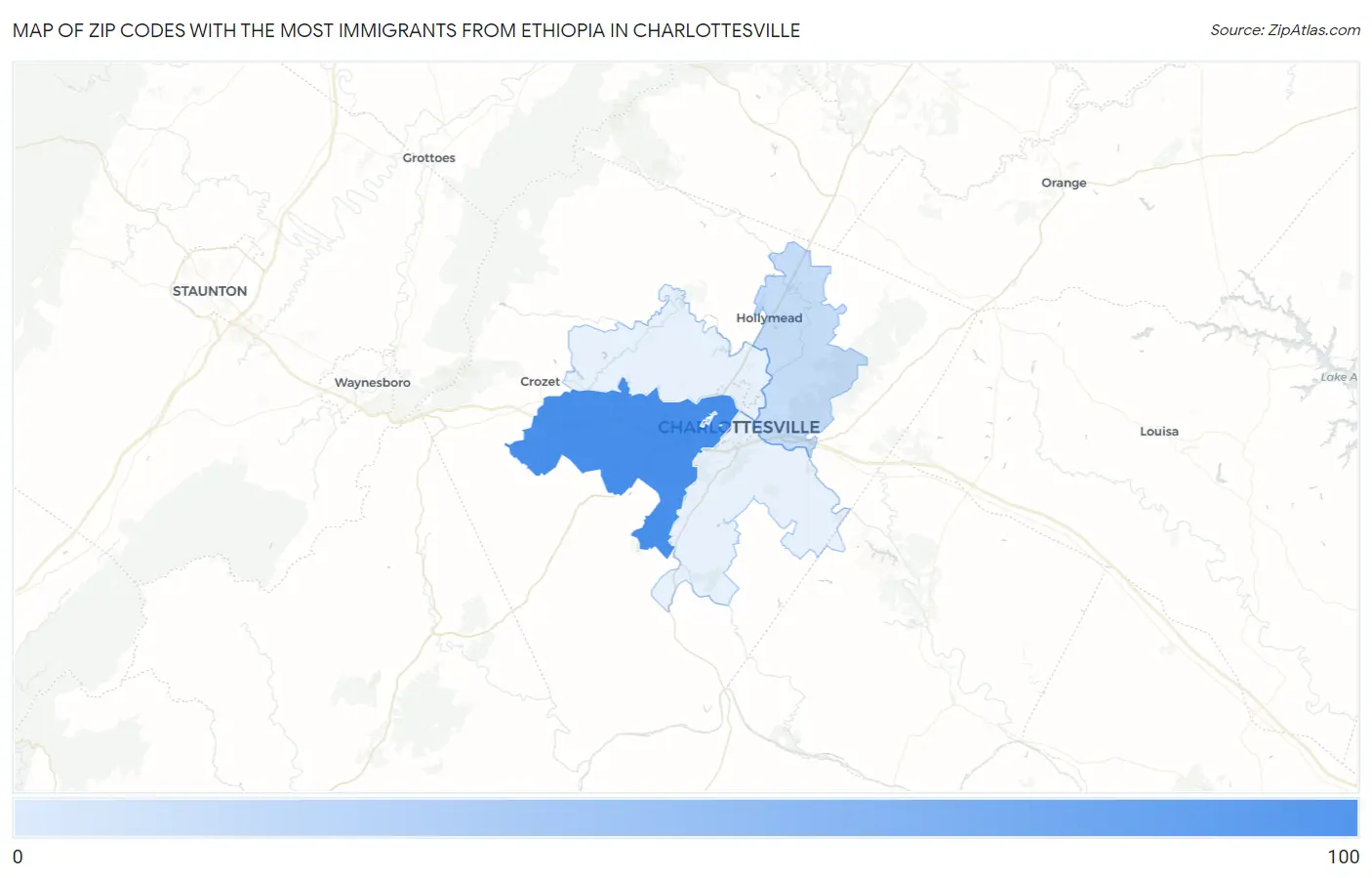 Zip Codes with the Most Immigrants from Ethiopia in Charlottesville Map