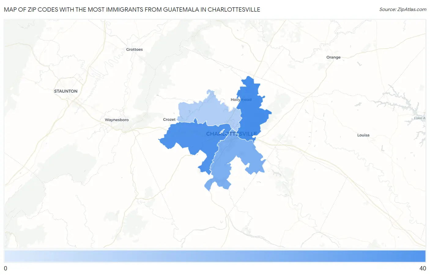 Zip Codes with the Most Immigrants from Guatemala in Charlottesville Map