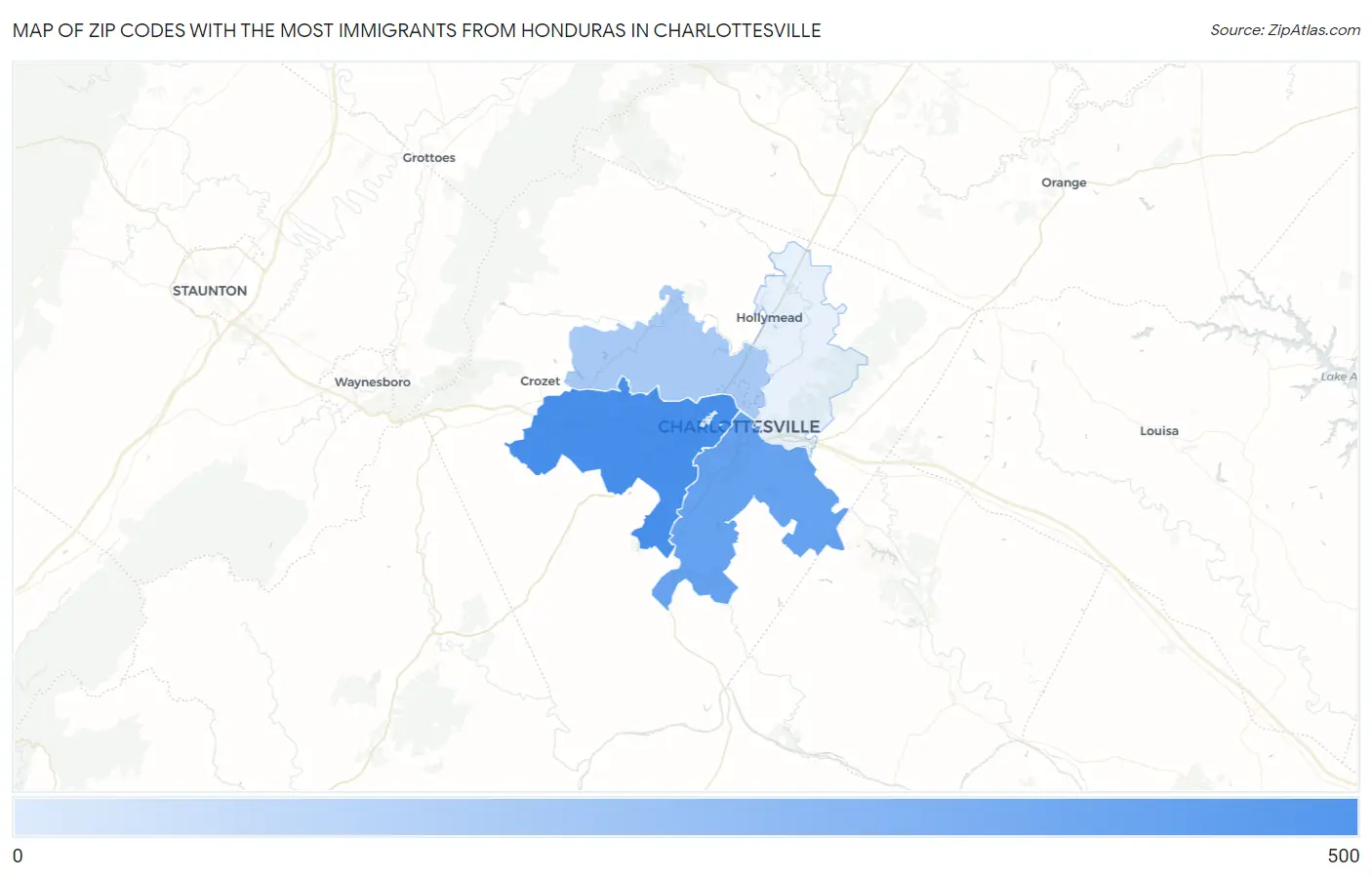 Zip Codes with the Most Immigrants from Honduras in Charlottesville Map