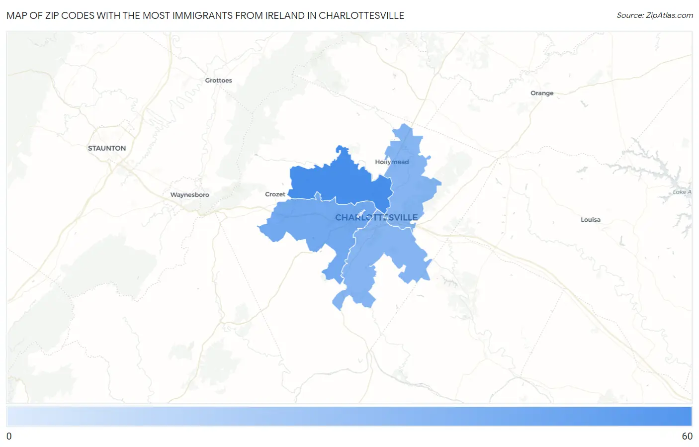 Zip Codes with the Most Immigrants from Ireland in Charlottesville Map