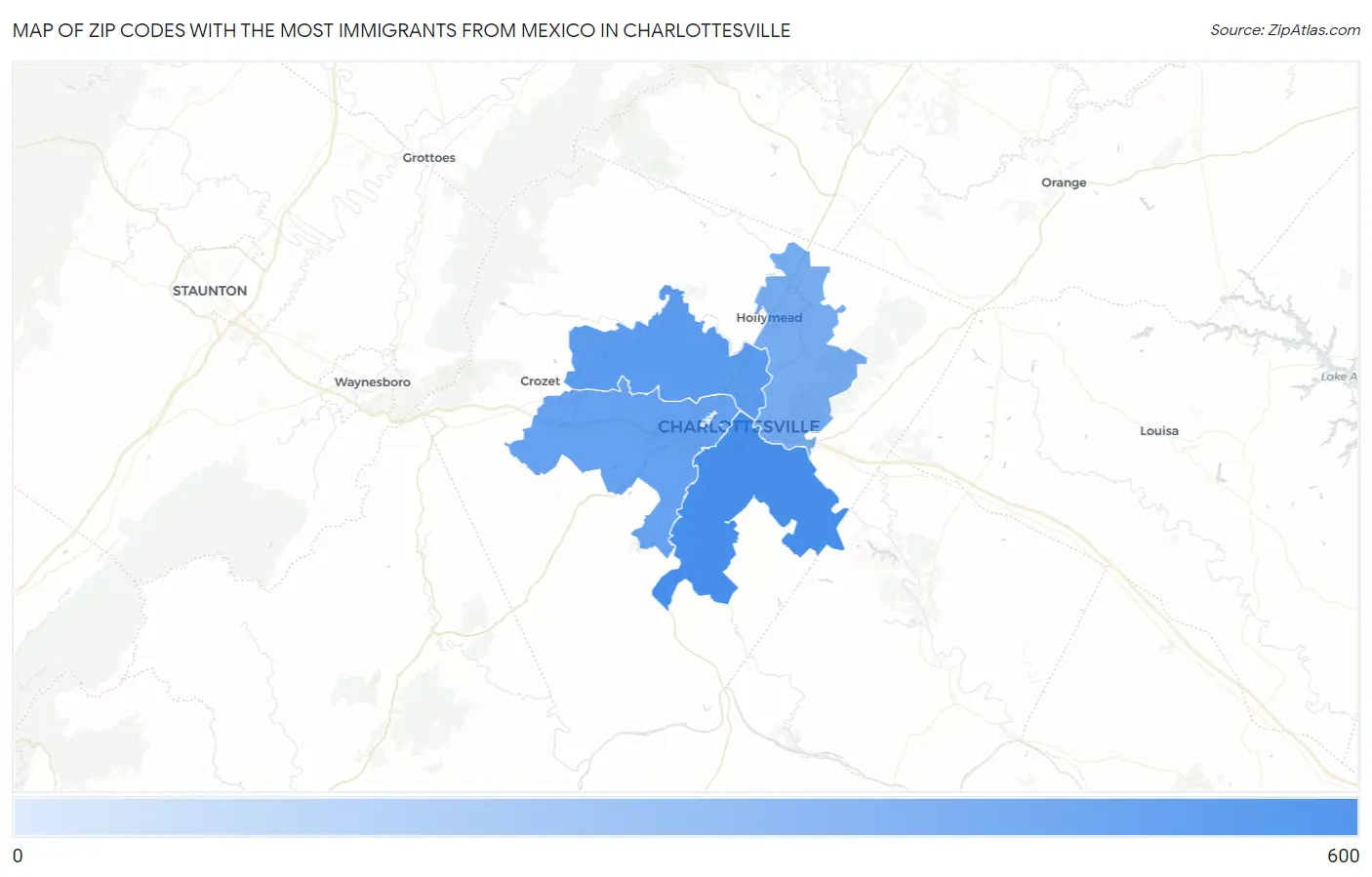 Zip Codes with the Most Immigrants from Mexico in Charlottesville Map
