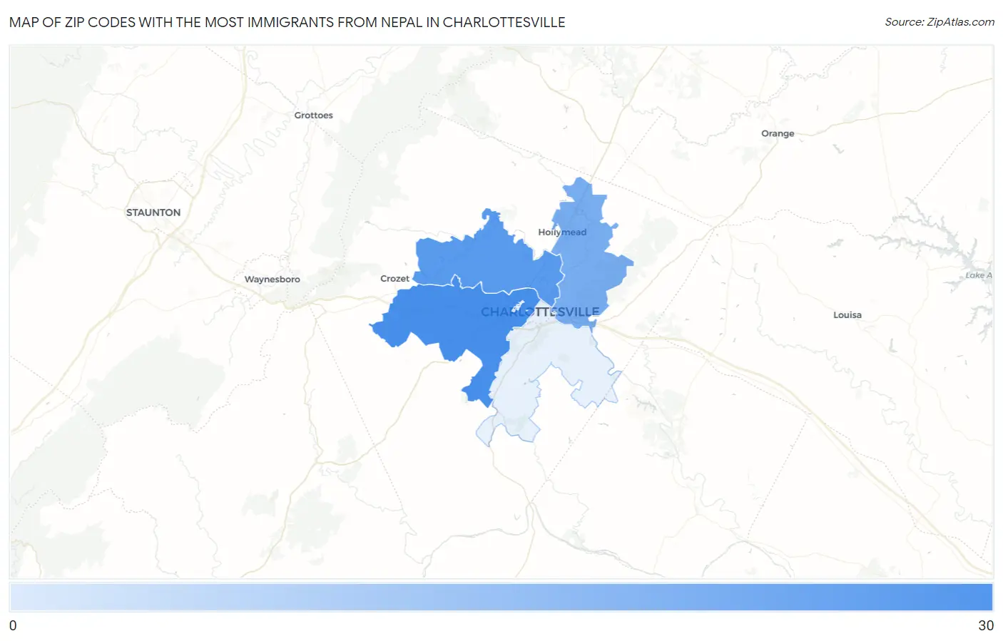 Zip Codes with the Most Immigrants from Nepal in Charlottesville Map