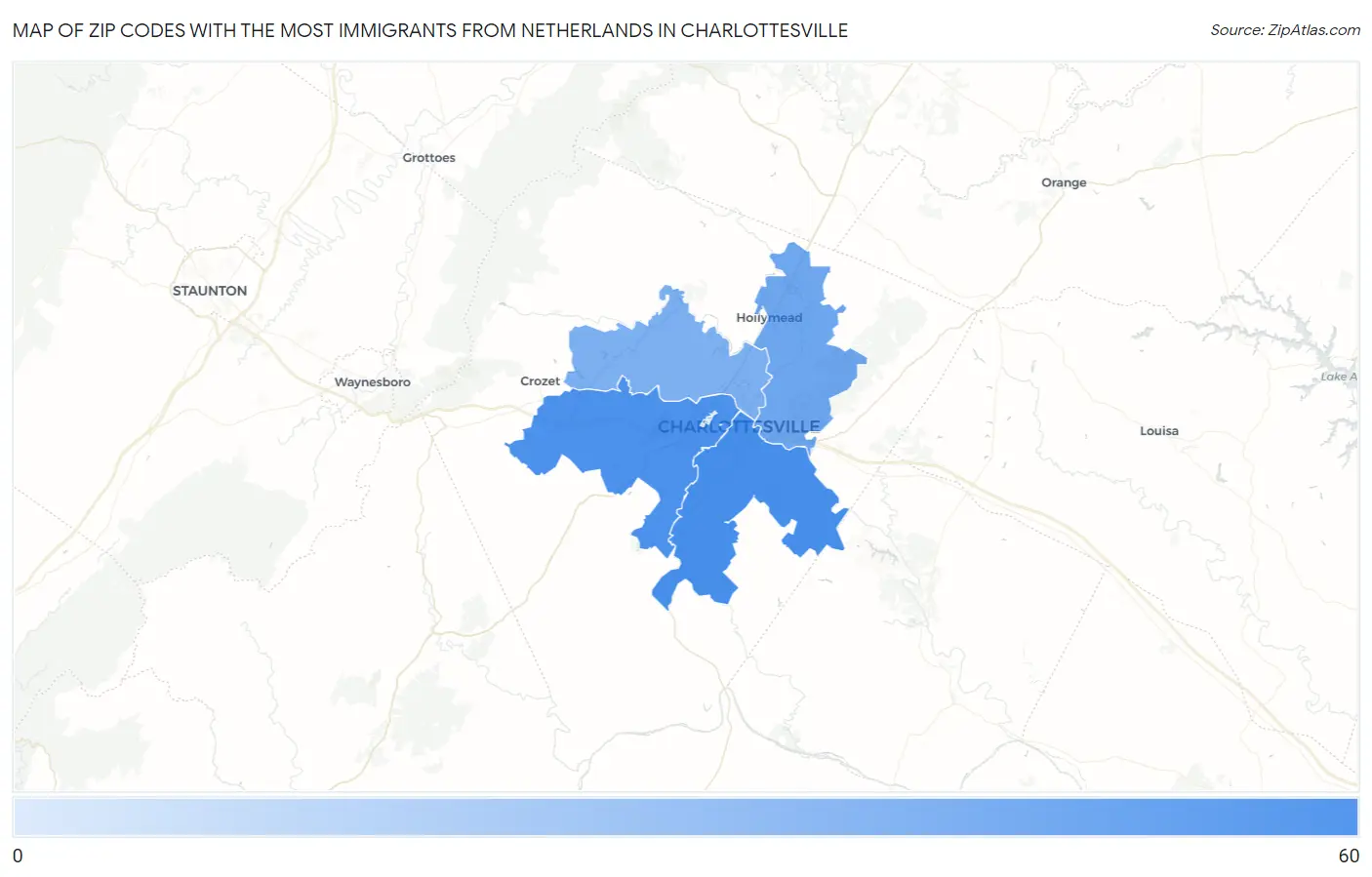 Zip Codes with the Most Immigrants from Netherlands in Charlottesville Map