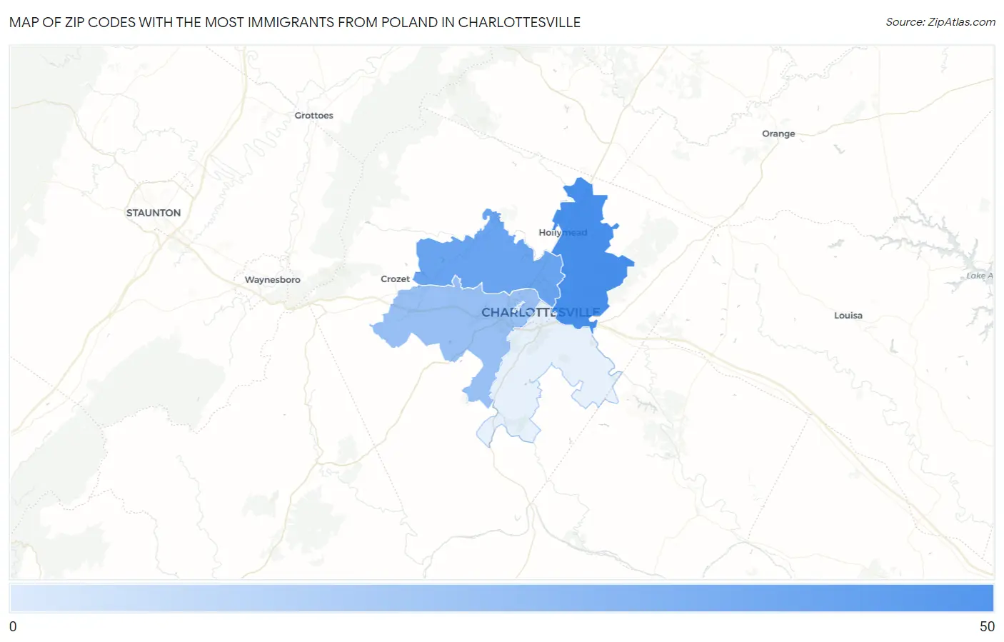 Zip Codes with the Most Immigrants from Poland in Charlottesville Map