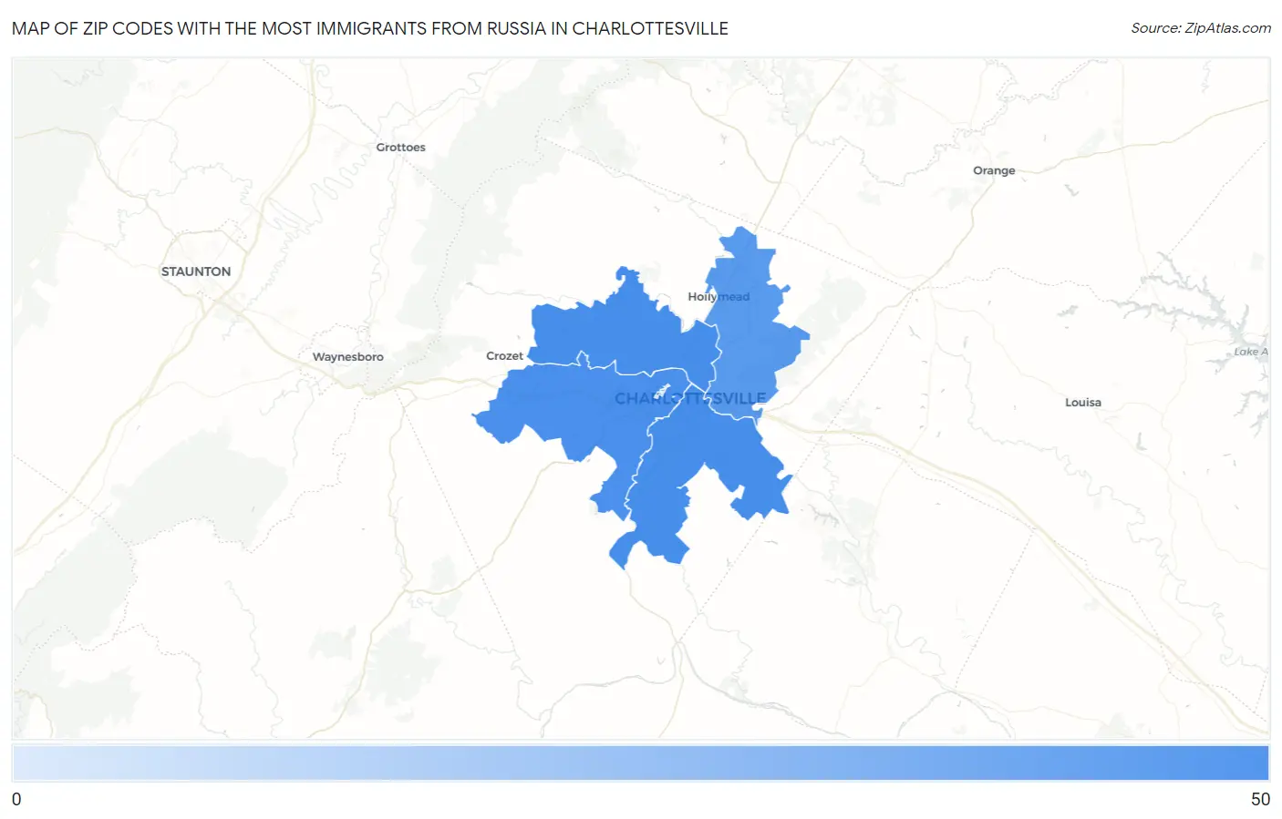 Zip Codes with the Most Immigrants from Russia in Charlottesville Map