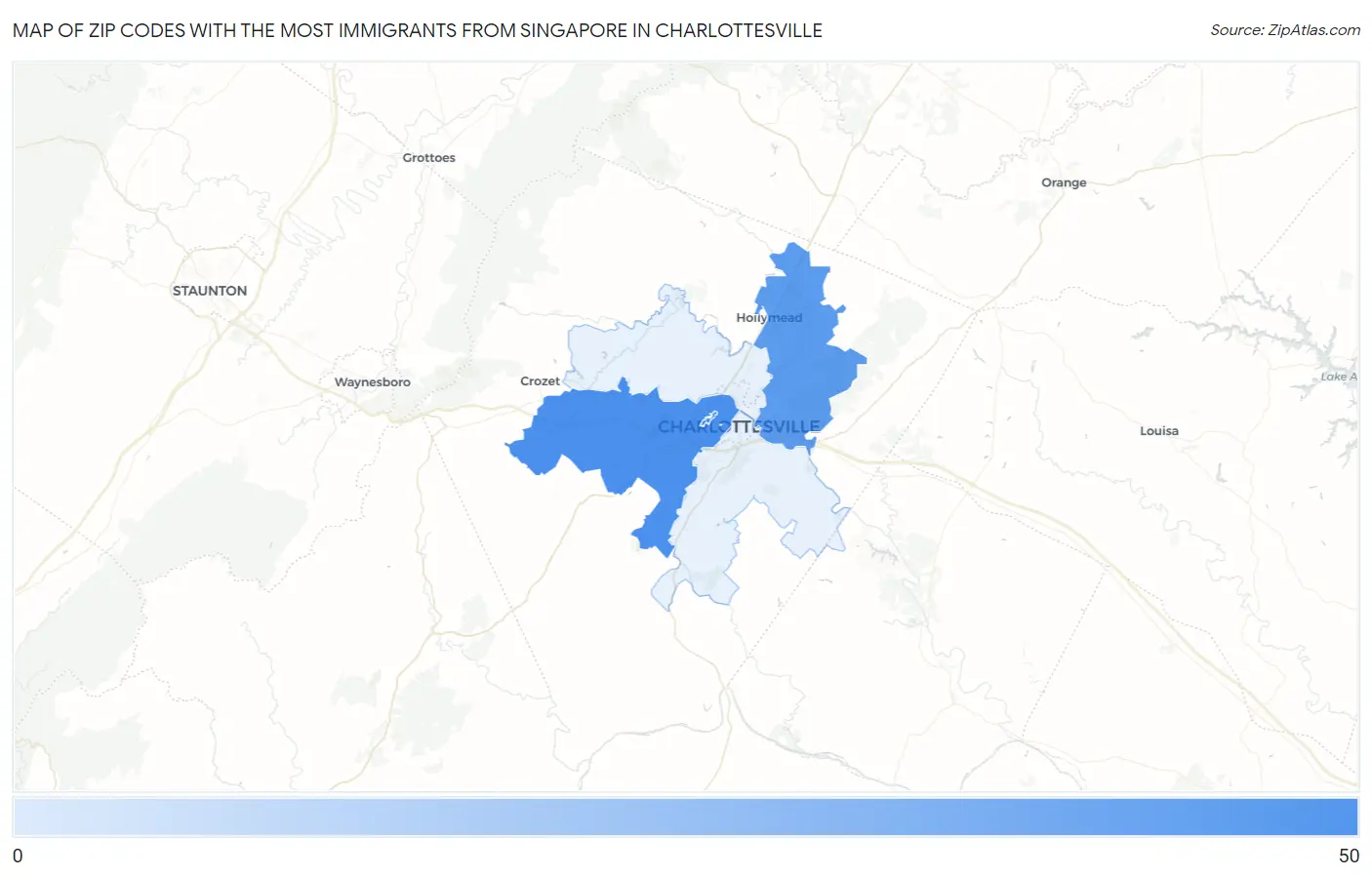 Zip Codes with the Most Immigrants from Singapore in Charlottesville Map